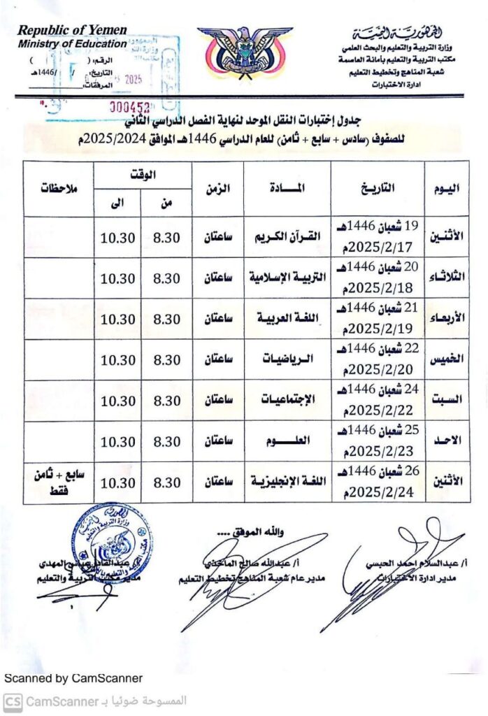 جدول اختبارات النقل نهاية الفصل الثاني 1446 للصفوف (السادس – السابع – الثامن) بأمانة العاصمة