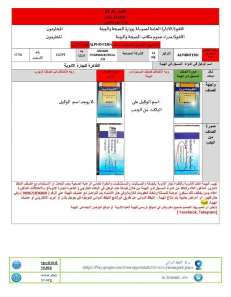 بالصورة ..تعميم هام للمواطنين يكشف ظهور مستحضر دوائي خطير يجب التوقف عن إستخدامه فورا