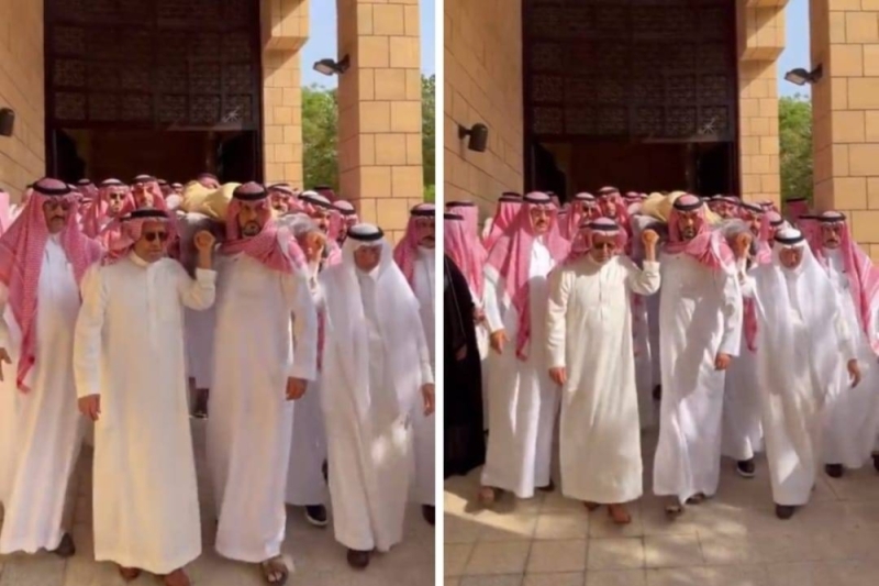 شاهد : الأمير سعود بن عبد المحسن وهو يحمل جثمان شقيقه الأمير بدر أثناء خروجه من جامع الإمام تركي بالرياض
