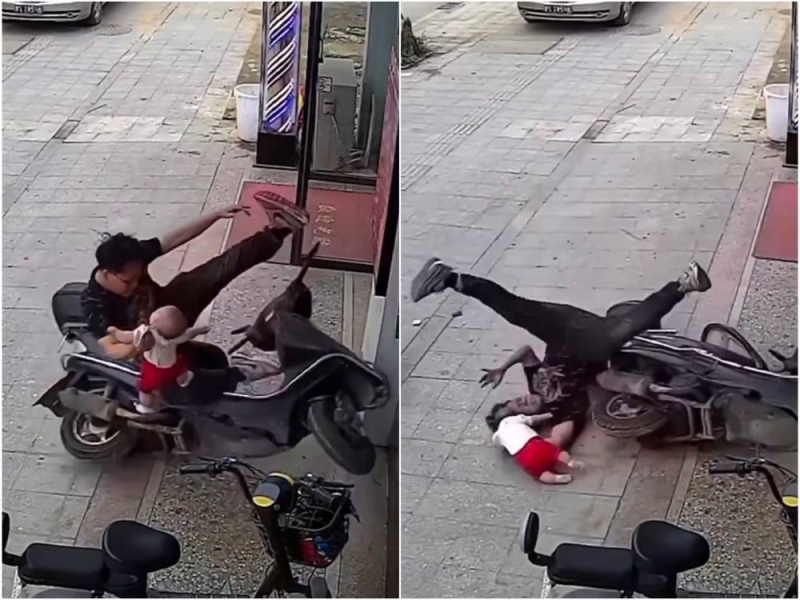 شاهد.. لحظة سقوط أب يحمل طفله من على دراجة نارية وارتطام رأس الرضيع في الأرض