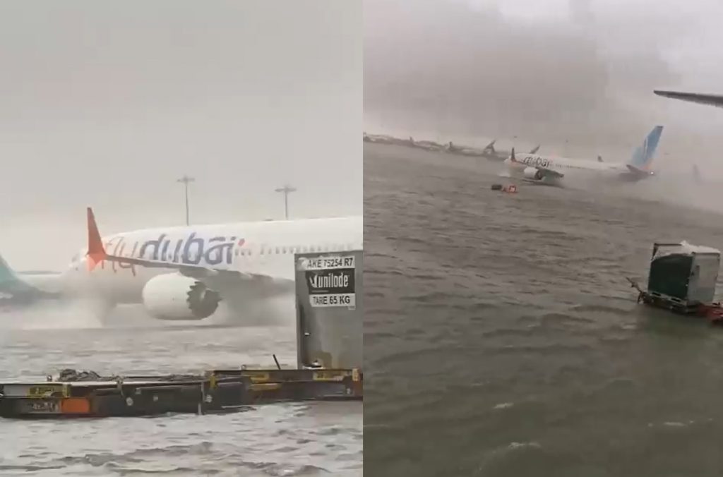 السيول تغرق مطار دبي الدولي.. مشاهد لطائرات وسط المياه والفيضانات تشل حركة الملاحة (فيديو)