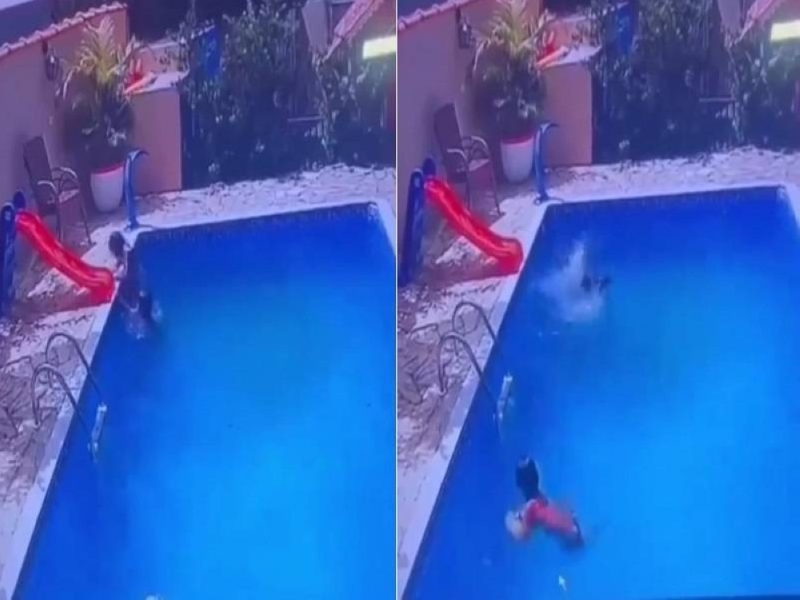 شاهد : طفل ينقذ شقيقته من الغرق داخل مسبح في اللحظات الأخيرة