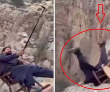 بالفيديو.. لحظة سقوط شخص من أعلى جبل أثناء التقاط 