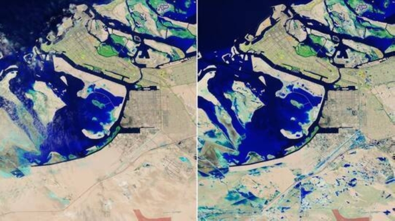 شاهد..صور من الأقمار الصناعية تكشف تشكل بحيرات في مناطق دبي بعد هطول الأمطار الغزيرة